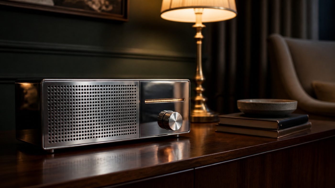 Mirror-polished stainless steel radio on a dark walnut console beside a brass lamp in an evening living hall